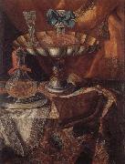 unknow artist Still life of a wine glass and bottle in a parcel gilt tazza together with a glass decanter on a pewter dish upon a draped tabletop oil